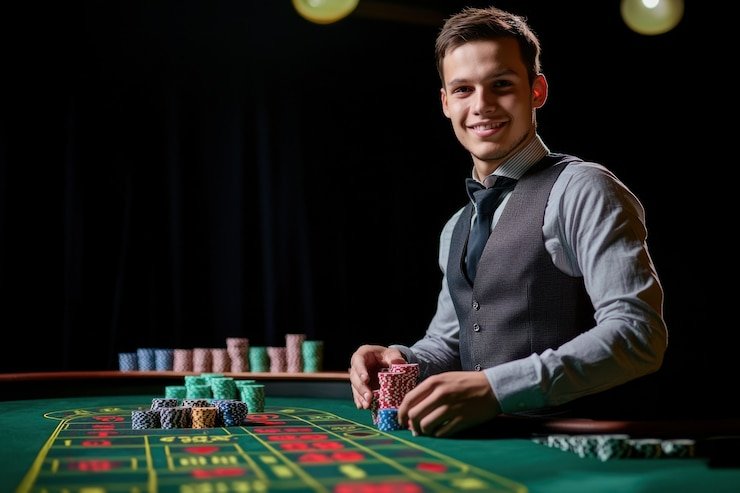Antarmuka meja Blackjack live di aplikasi 1xbet apk dengan dealer asli dan pemain dari berbagai kota